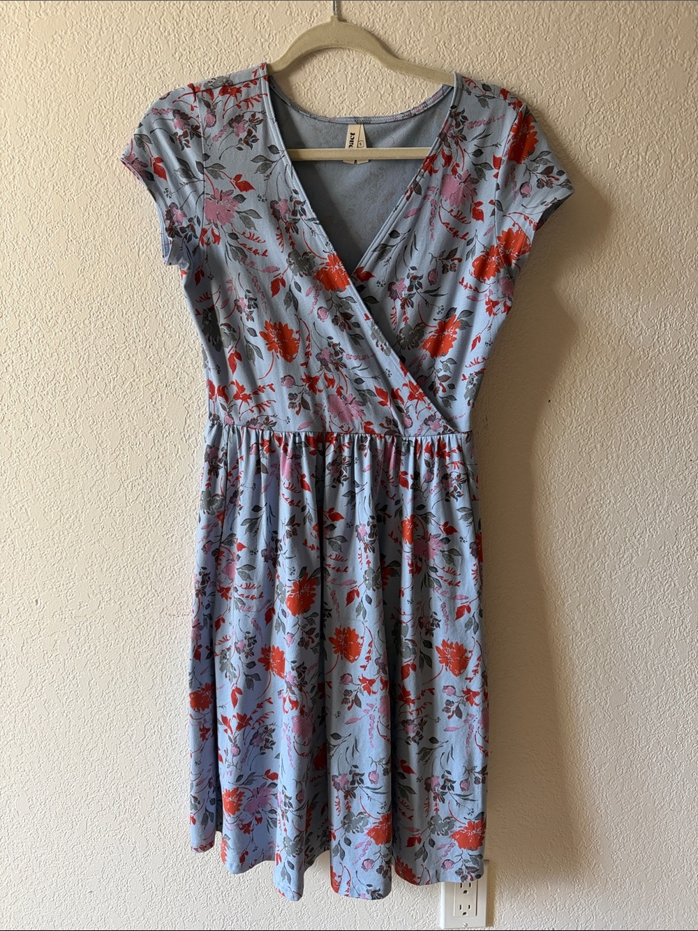 Light Blue Floral Wrap Mini Dress with Red Bloom Print